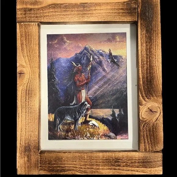 Vintage Native American Indian 3-D Effect Foil Art Print w/Rustic Wood Frame